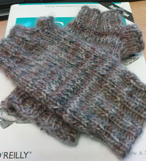 A pair of Ingratiate arm warmers, placed on a book